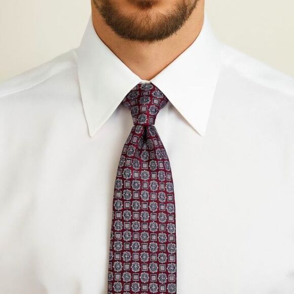 Boss Hugo Boss Wine Red with Pink Blue Floral Geo Print Foulard Print Long Tie - Picture 1 of 12